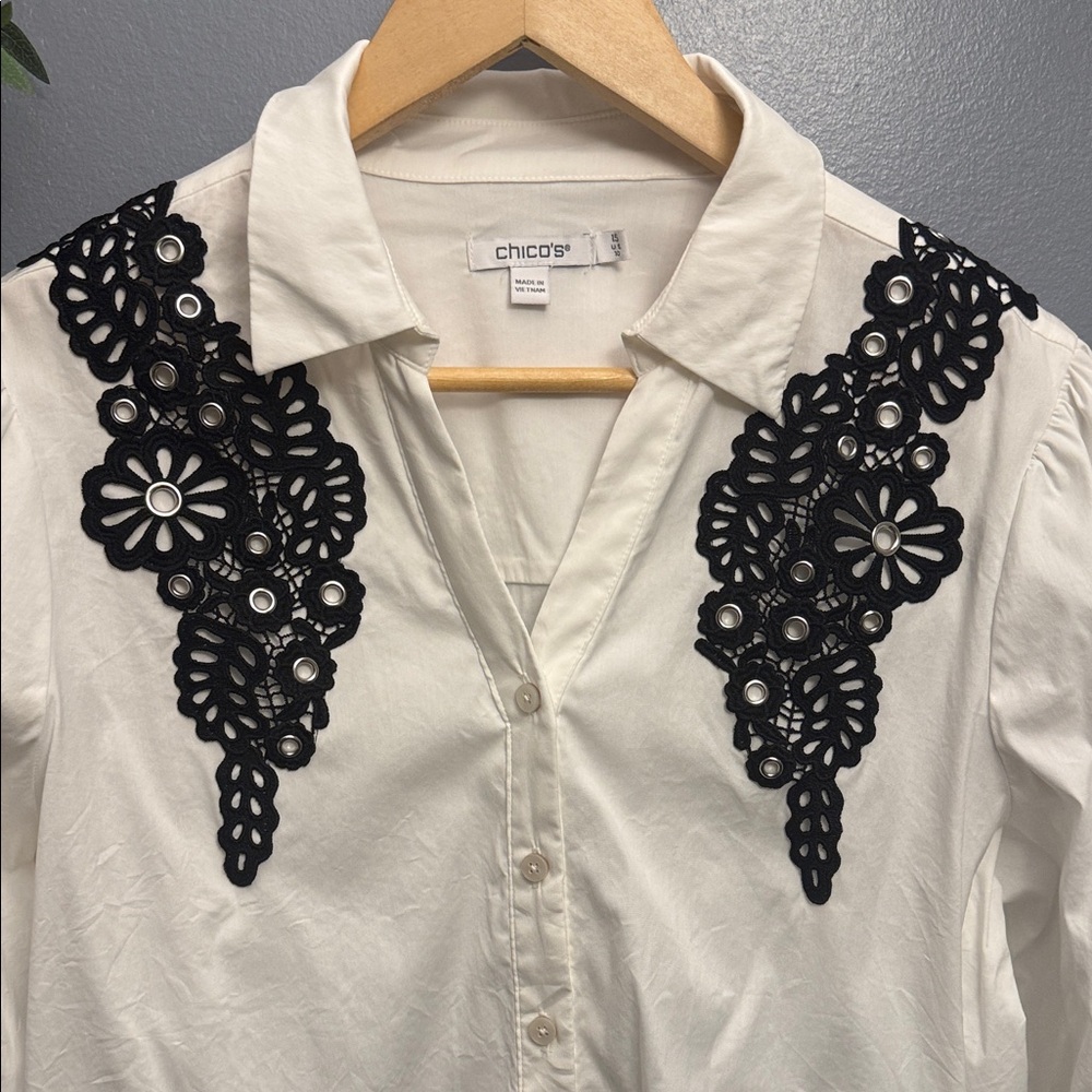 Chico's white Blouse with Black Floral Lace